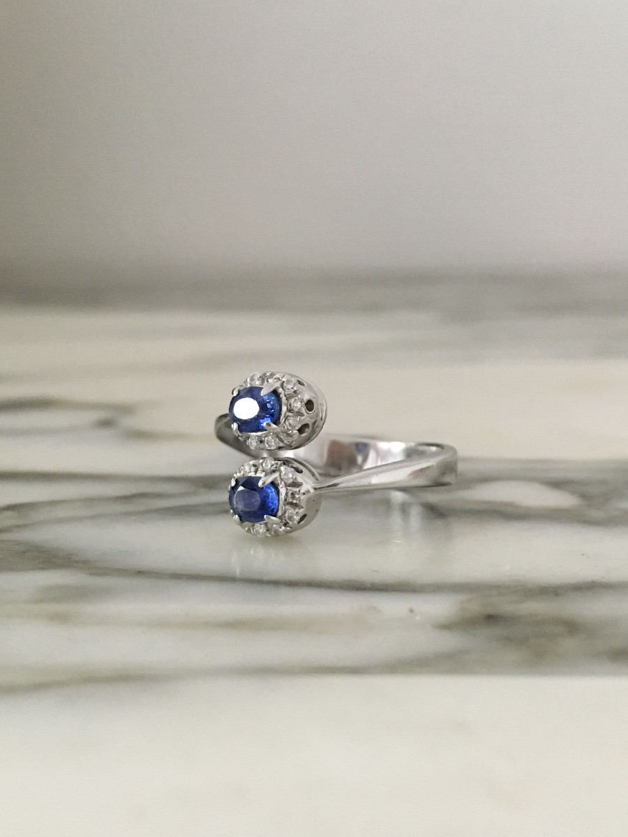 Toi & Moi Ring In 18k White Gold With Sapphires And Diamonds-photo-4