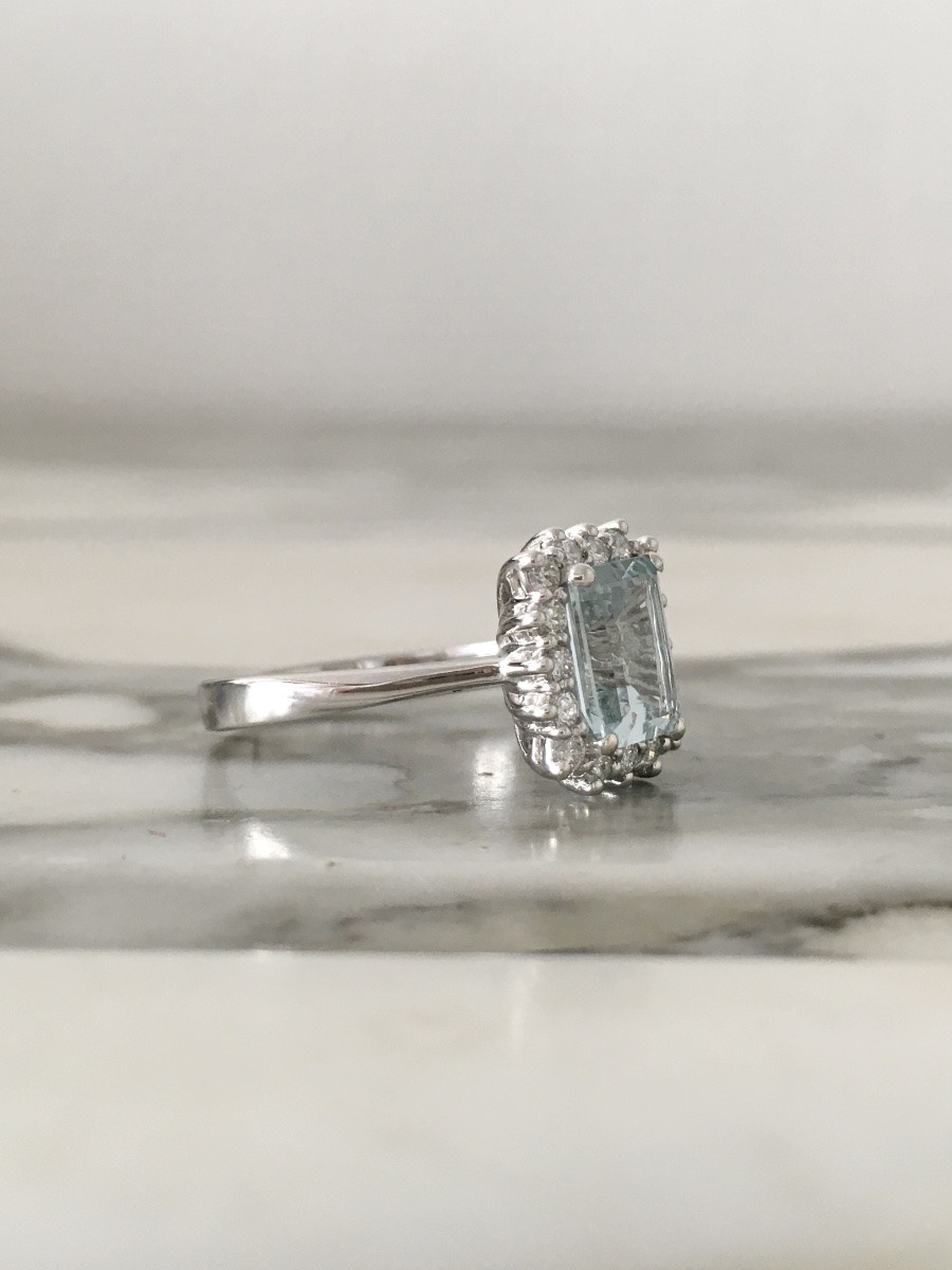 Bague en or blanc 18K sertie d’une aigue-marine et diamants -photo-3