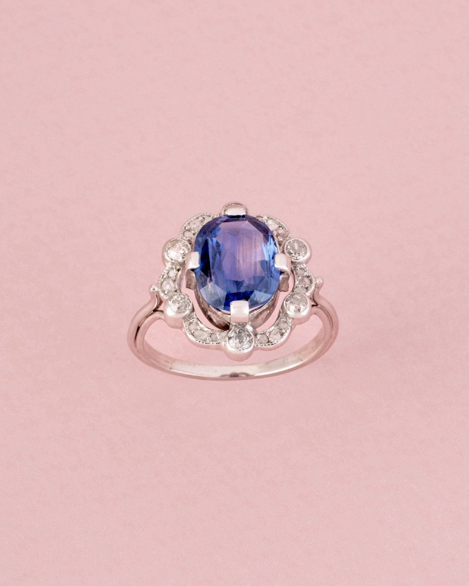 Belle époque Ring Unheated Ceylon Sapphire 3.55 Ct And Diamonds-photo-2