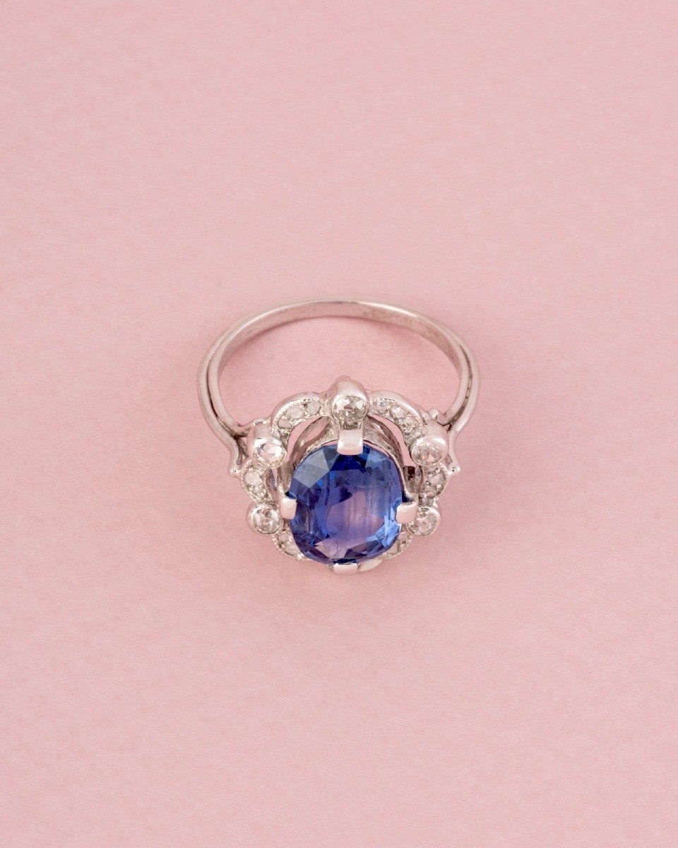 Belle époque Ring Unheated Ceylon Sapphire 3.55 Ct And Diamonds-photo-3
