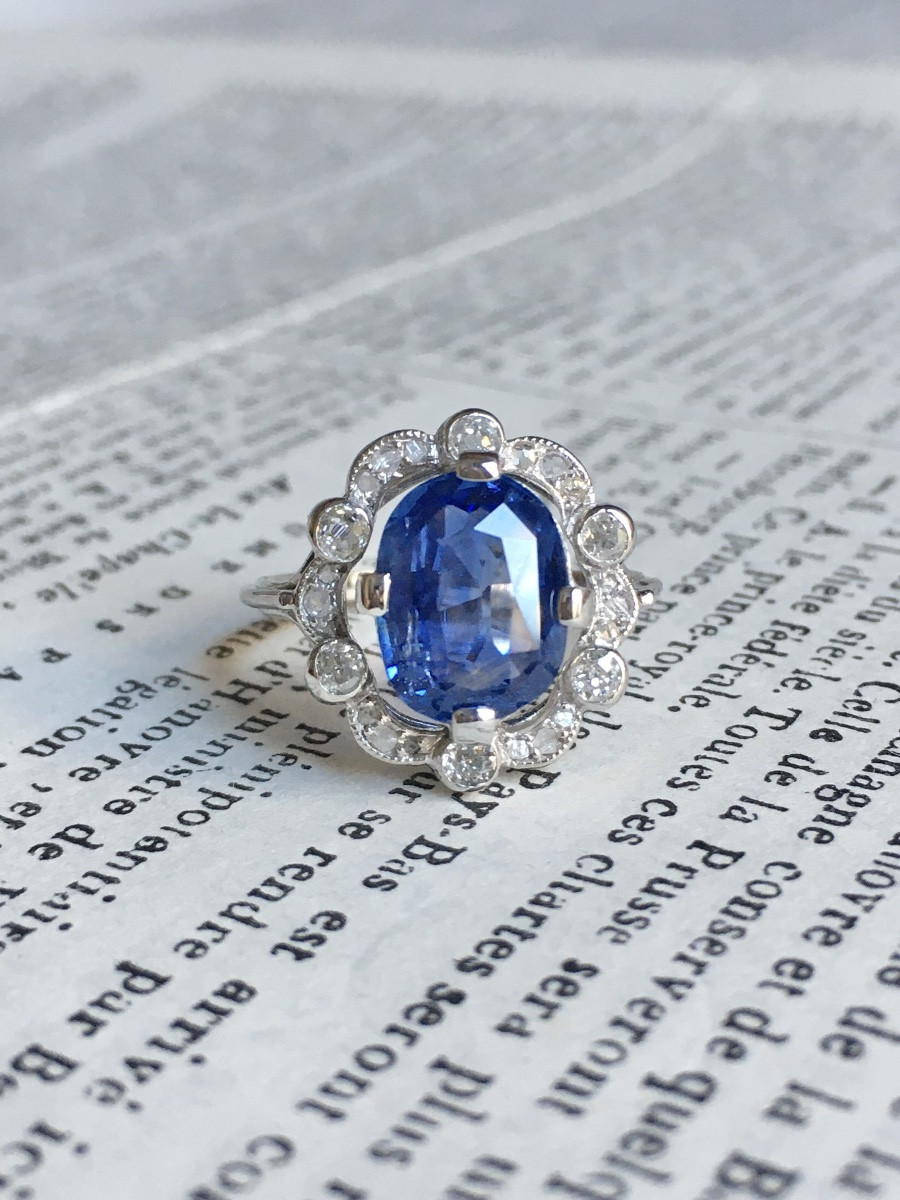 Belle époque Ring Unheated Ceylon Sapphire 3.55 Ct And Diamonds-photo-1