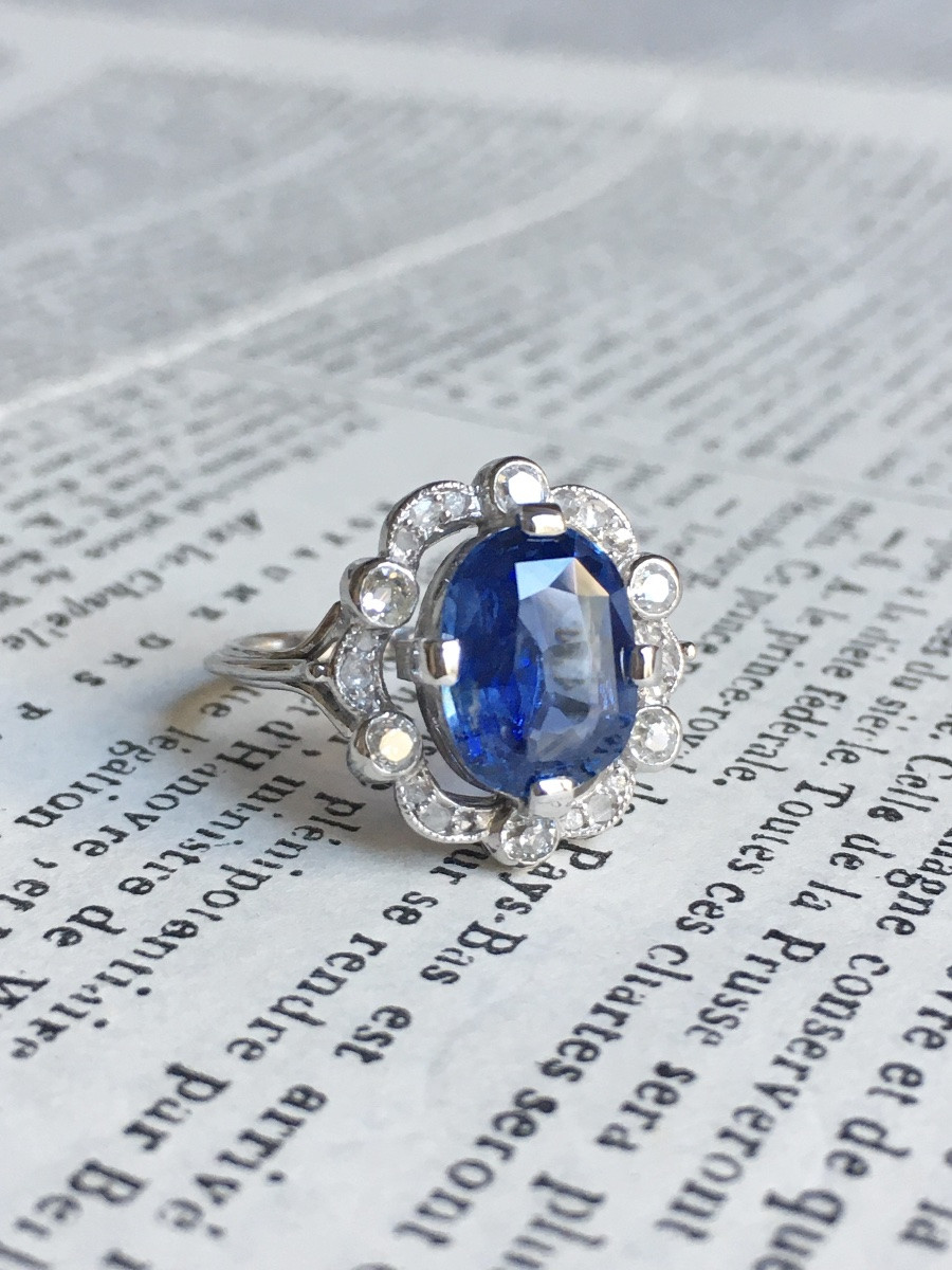 Belle époque Ring Unheated Ceylon Sapphire 3.55 Ct And Diamonds-photo-2