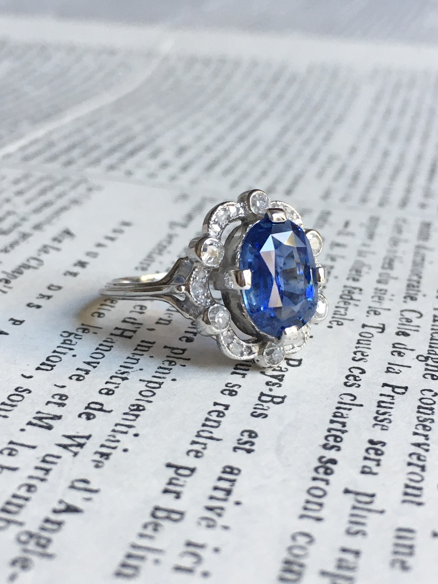 Belle époque Ring Unheated Ceylon Sapphire 3.55 Ct And Diamonds-photo-3