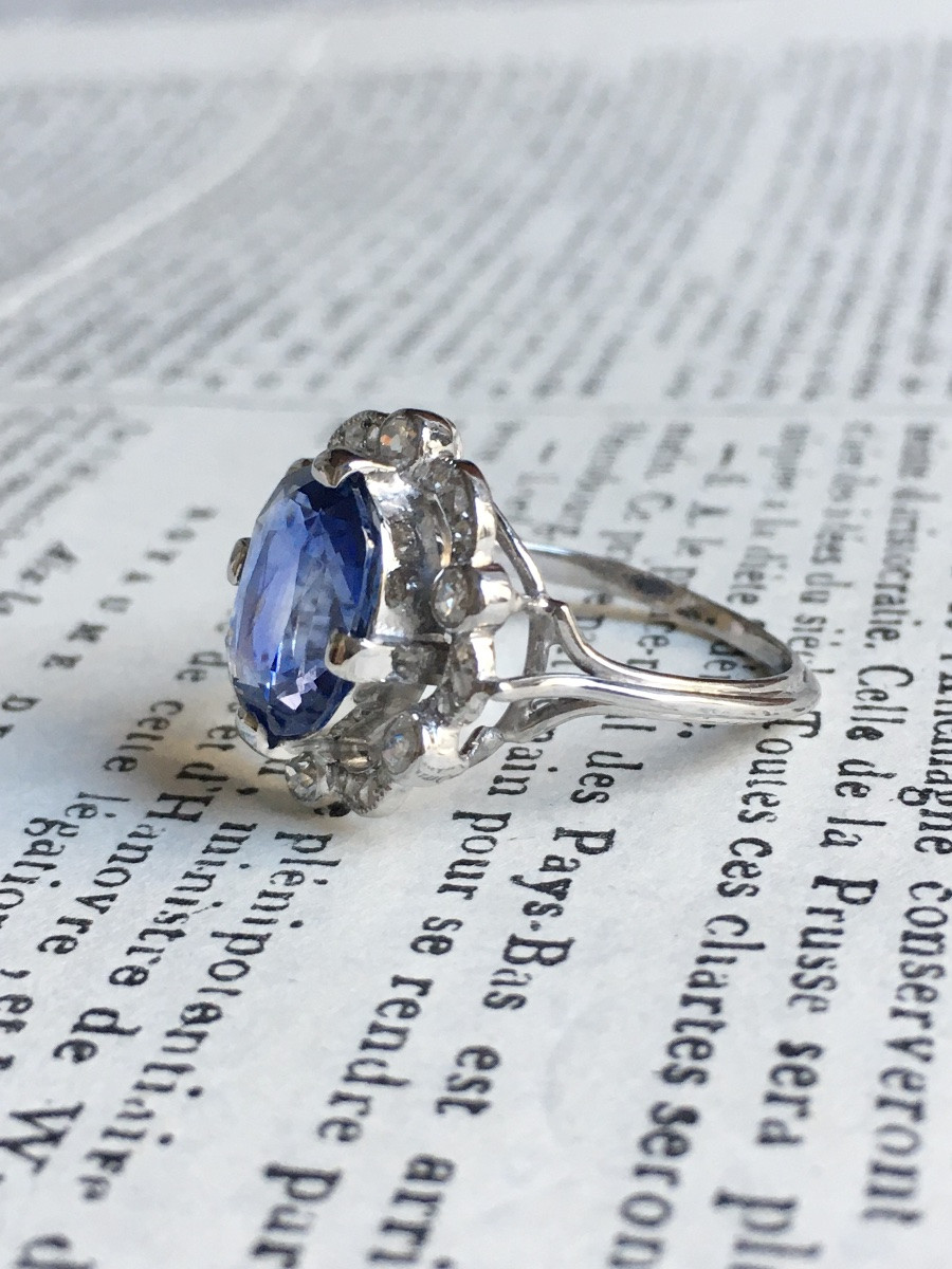 Belle époque Ring Unheated Ceylon Sapphire 3.55 Ct And Diamonds-photo-5