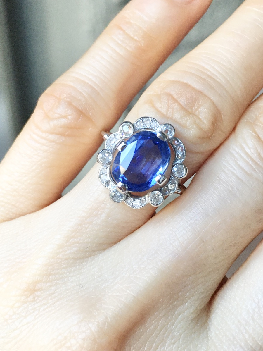Belle époque Ring Unheated Ceylon Sapphire 3.55 Ct And Diamonds-photo-7