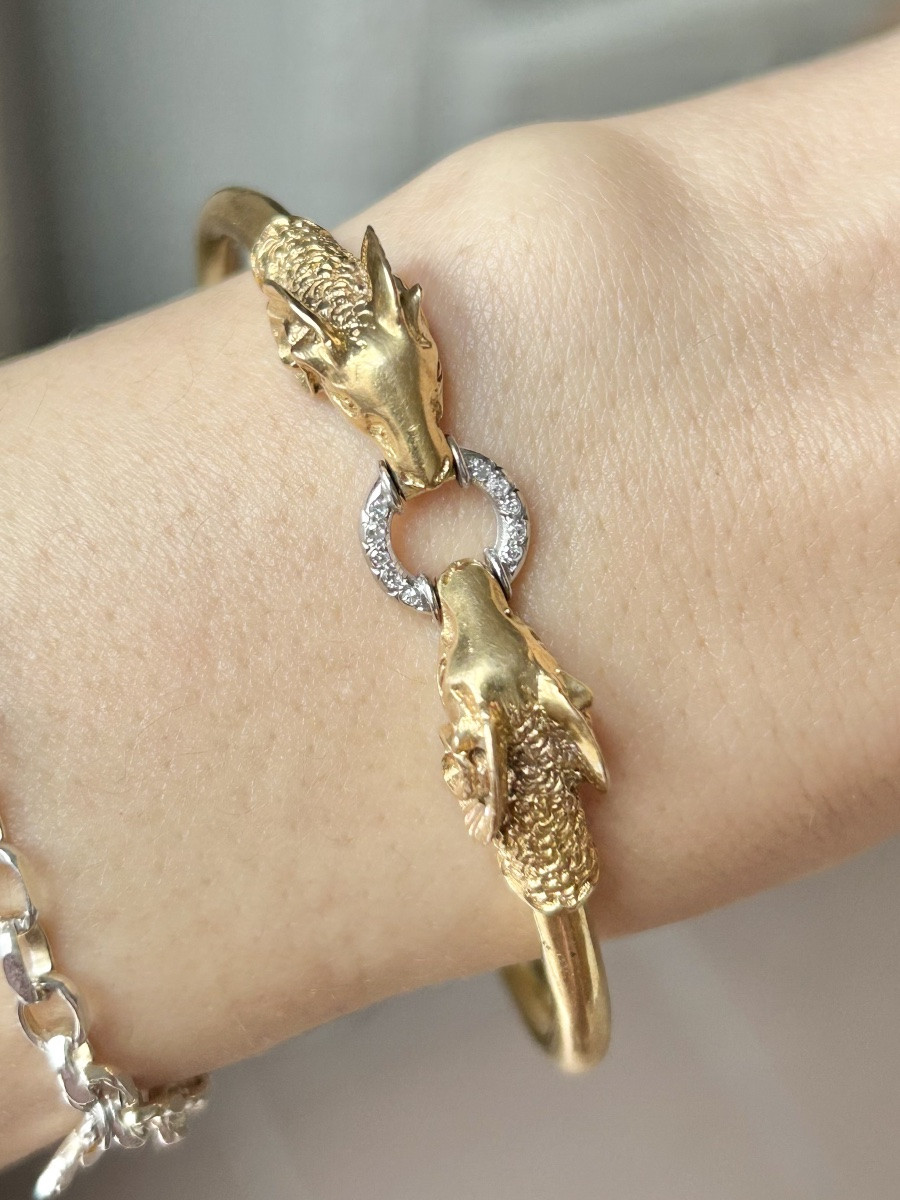 Bracelet deux têtes de béliers en or 18K et diamants -photo-6
