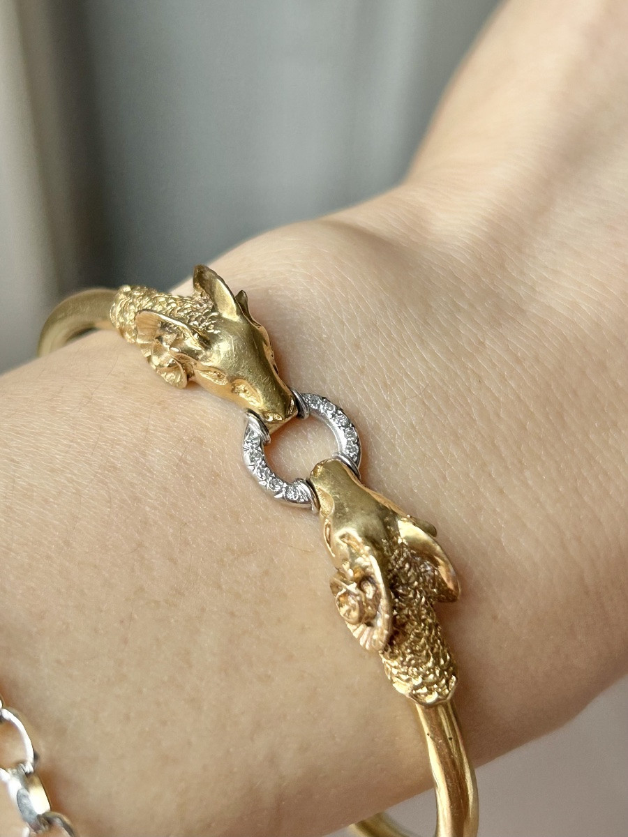 Bracelet deux têtes de béliers en or 18K et diamants -photo-7