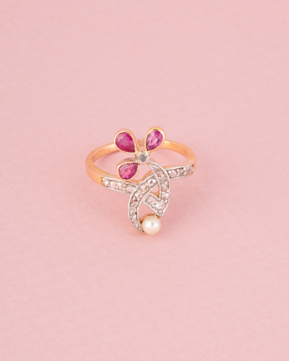 Bague Art Nouveau en or rose 18K rubis et diamants -photo-2