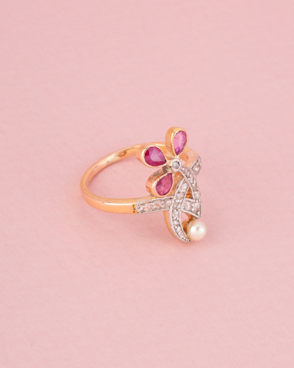 Bague Art Nouveau en or rose 18K rubis et diamants -photo-3