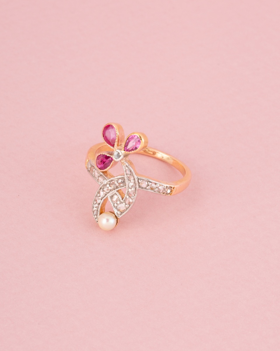 Bague Art Nouveau en or rose 18K rubis et diamants -photo-4