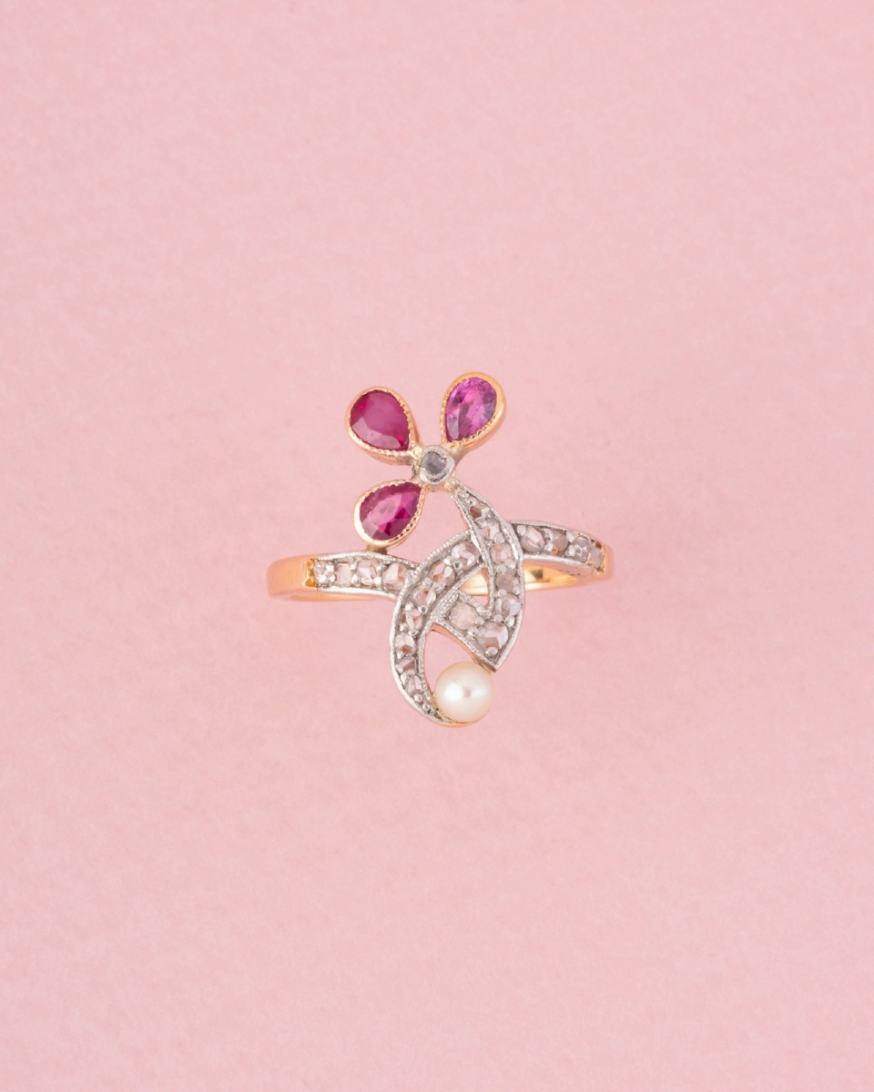 Bague Art Nouveau en or rose 18K rubis et diamants -photo-1