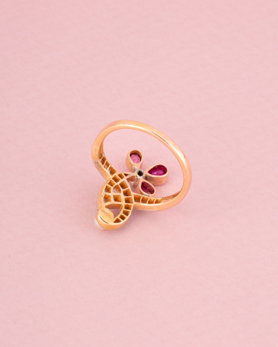 Bague Art Nouveau en or rose 18K rubis et diamants -photo-2