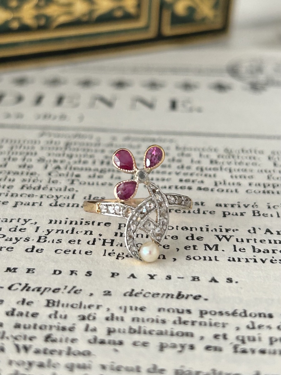 Bague Art Nouveau en or rose 18K rubis et diamants -photo-3