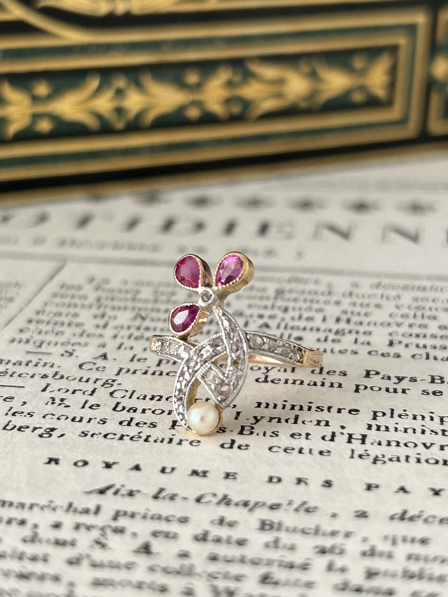 Bague Art Nouveau en or rose 18K rubis et diamants -photo-4