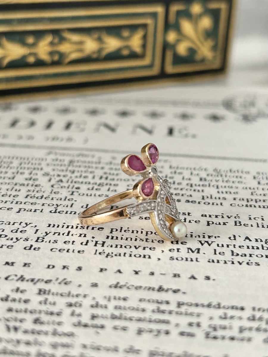 Bague Art Nouveau en or rose 18K rubis et diamants -photo-5