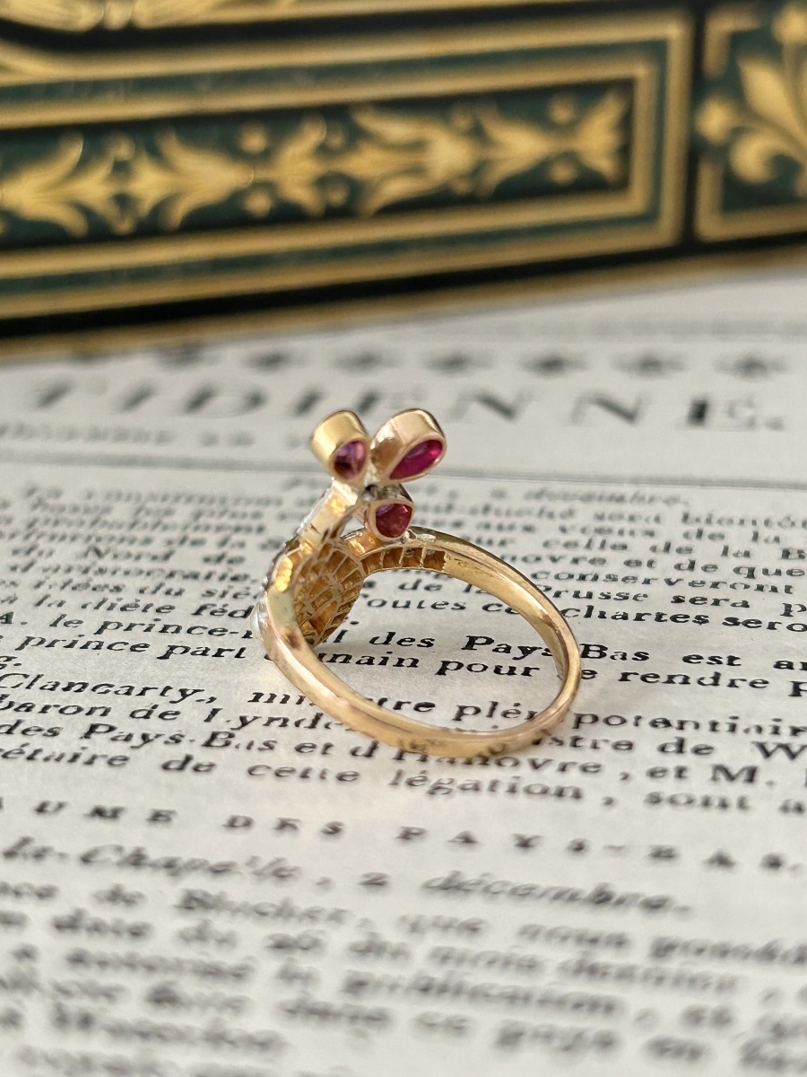 Bague Art Nouveau en or rose 18K rubis et diamants -photo-6