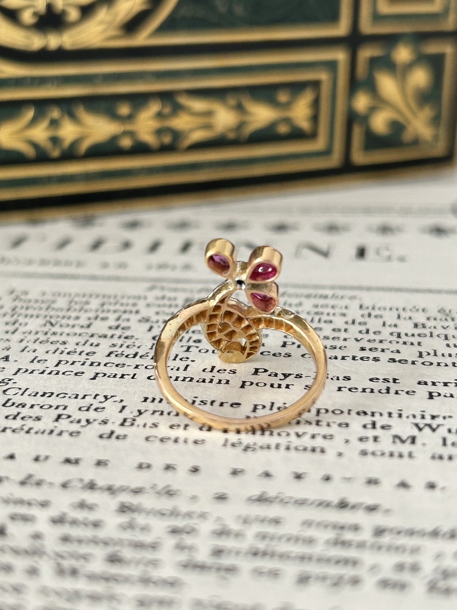 Bague Art Nouveau en or rose 18K rubis et diamants -photo-7