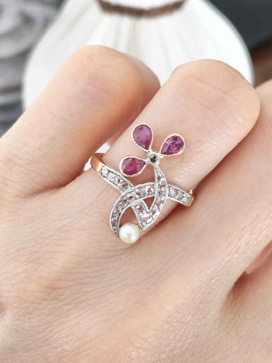 Bague Art Nouveau en or rose 18K rubis et diamants -photo-8