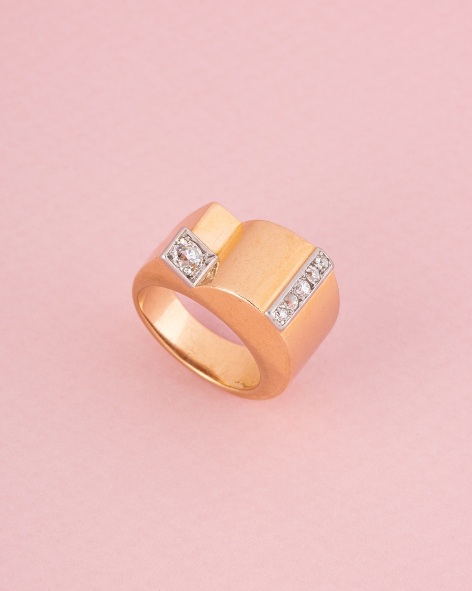 Bague Tank en or jaune 18K et diamants -photo-3