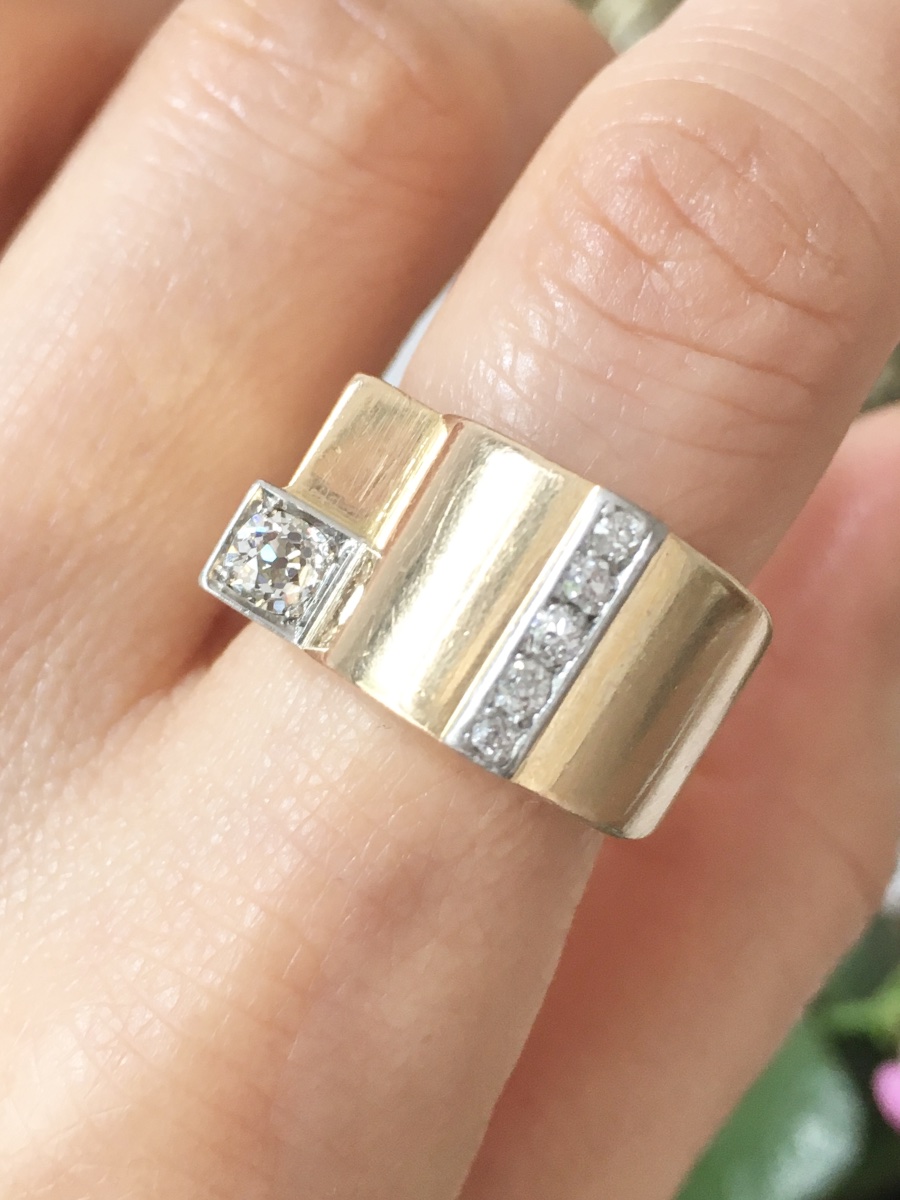 Bague Tank en or jaune 18K et diamants -photo-3