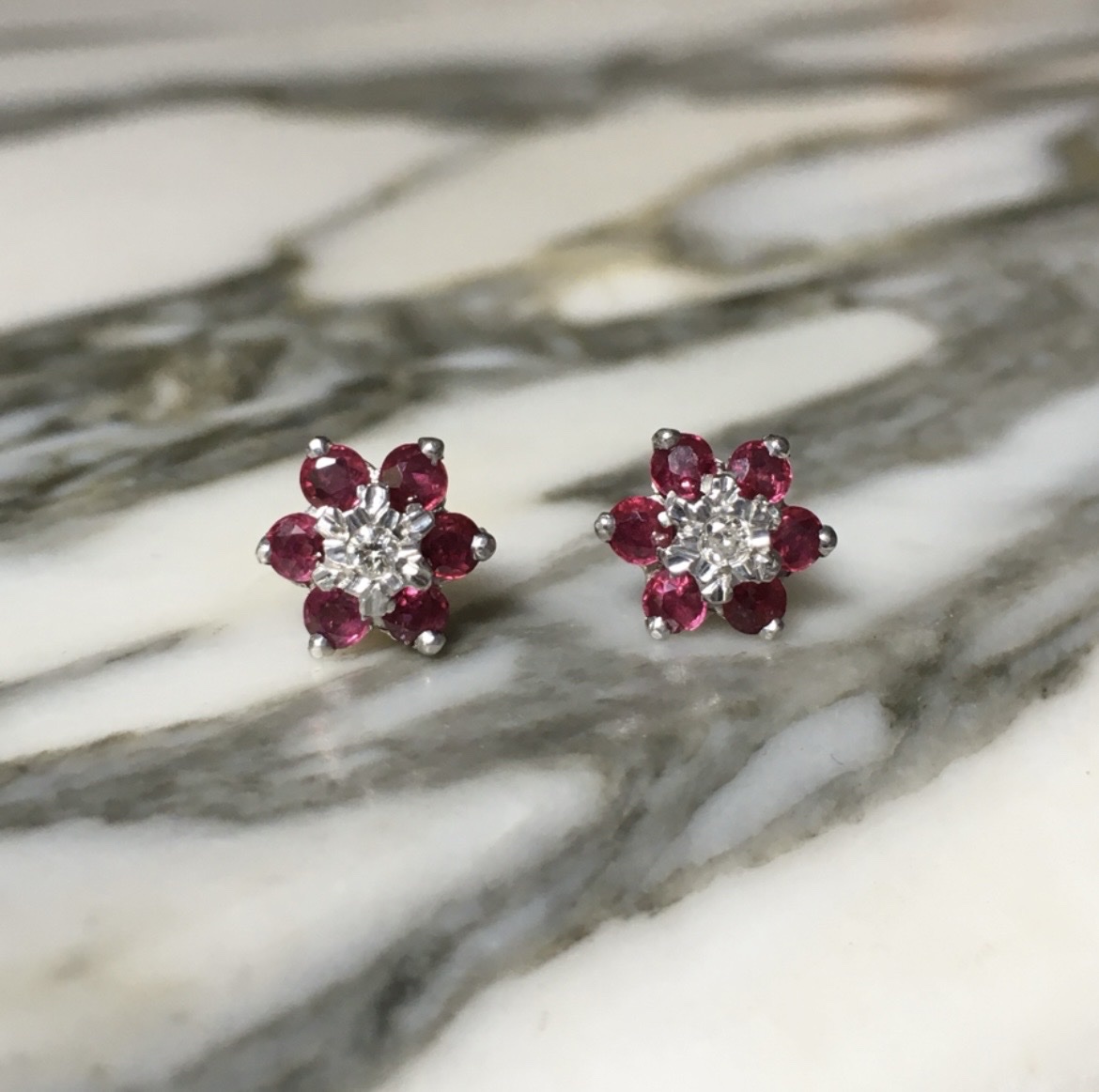 18k White And Yellow Gold Stud Earrings With Rubies And Diamonds 
