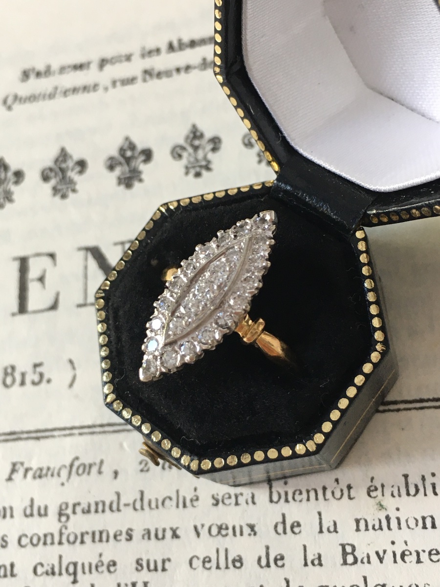 Bague navette en or blanc et jaune 18K diamants -photo-2