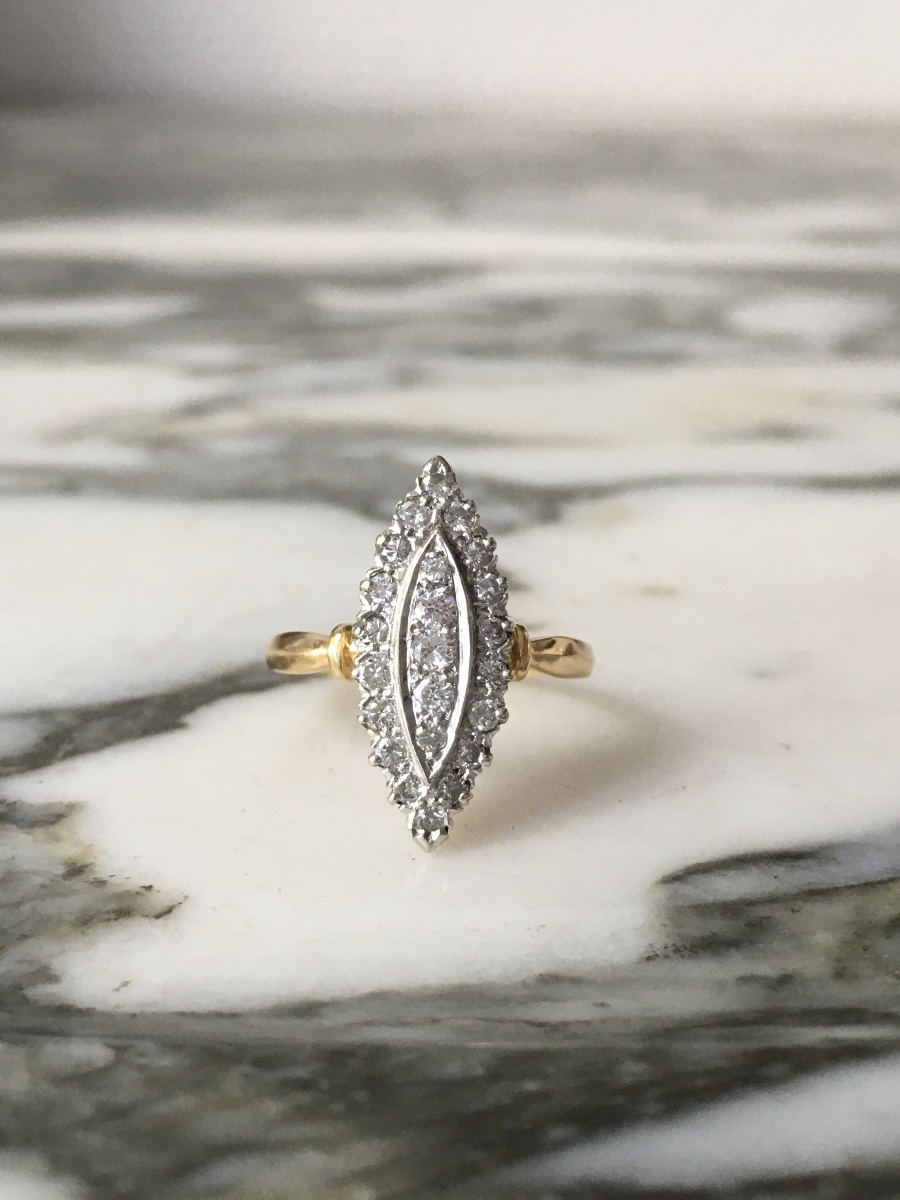 Bague navette en or blanc et jaune 18K diamants -photo-3