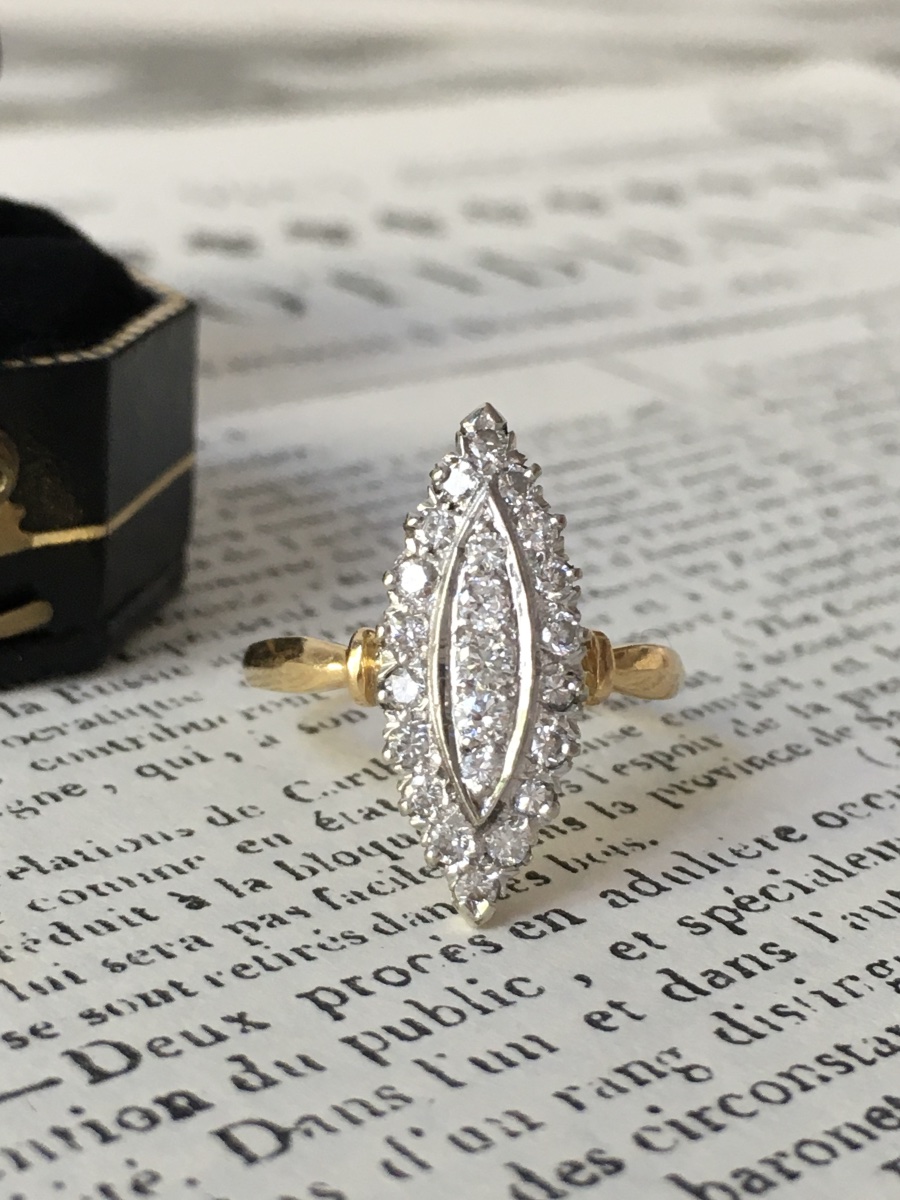 Bague navette en or blanc et jaune 18K diamants -photo-4