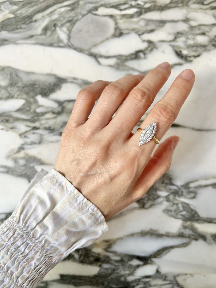 Bague navette en or blanc et jaune 18K diamants -photo-5