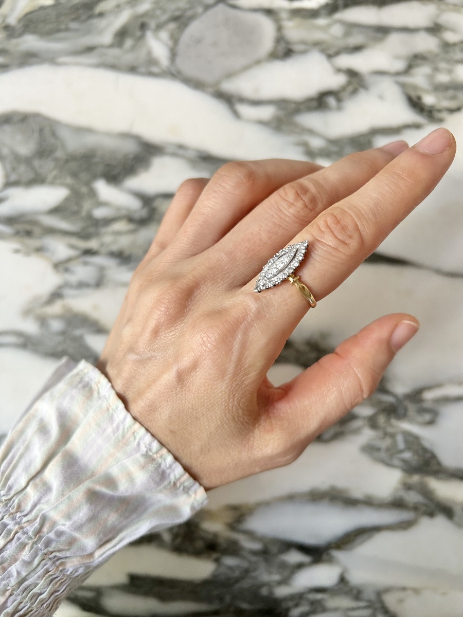 Bague navette en or blanc et jaune 18K diamants -photo-6