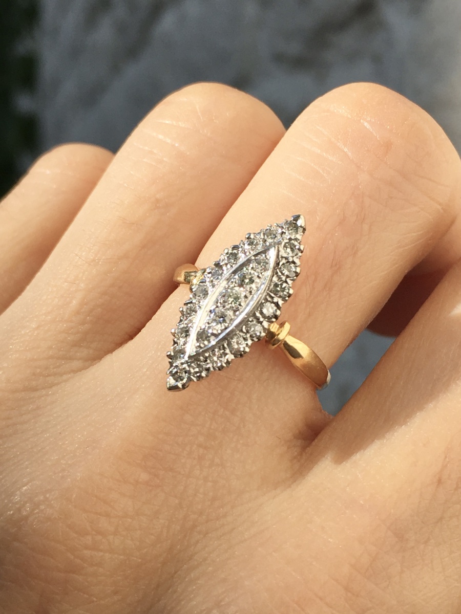 Bague navette en or blanc et jaune 18K diamants -photo-7