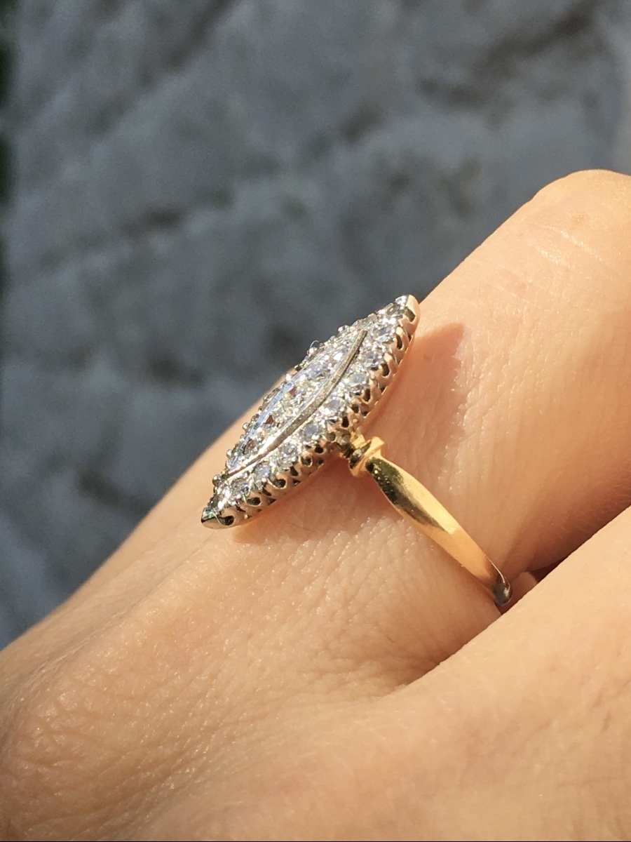 Bague navette en or blanc et jaune 18K diamants -photo-8