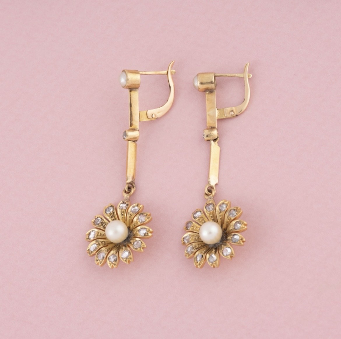 Antique Art Nouveau Earrings In 18k Yellow Gold With Pearls And Diamonds -photo-2