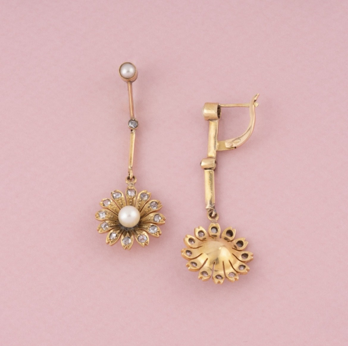 Antique Art Nouveau Earrings In 18k Yellow Gold With Pearls And Diamonds -photo-3