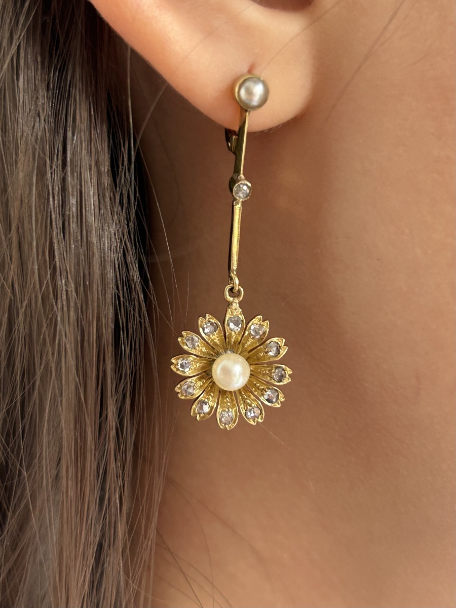 Antique Art Nouveau Earrings In 18k Yellow Gold With Pearls And Diamonds -photo-4