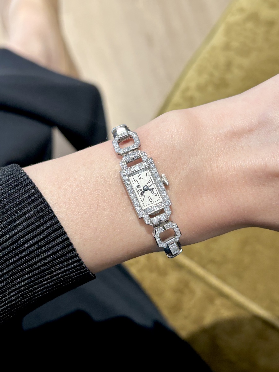 Vintage Art Deco Watch In Platinum And Diamonds -photo-2