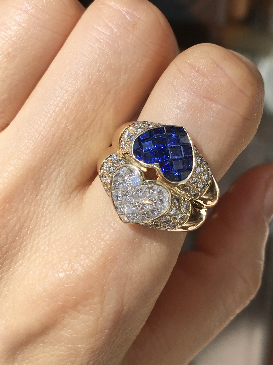 Bague Toi & Moi en or jaune 18K saphirs et diamants -photo-6