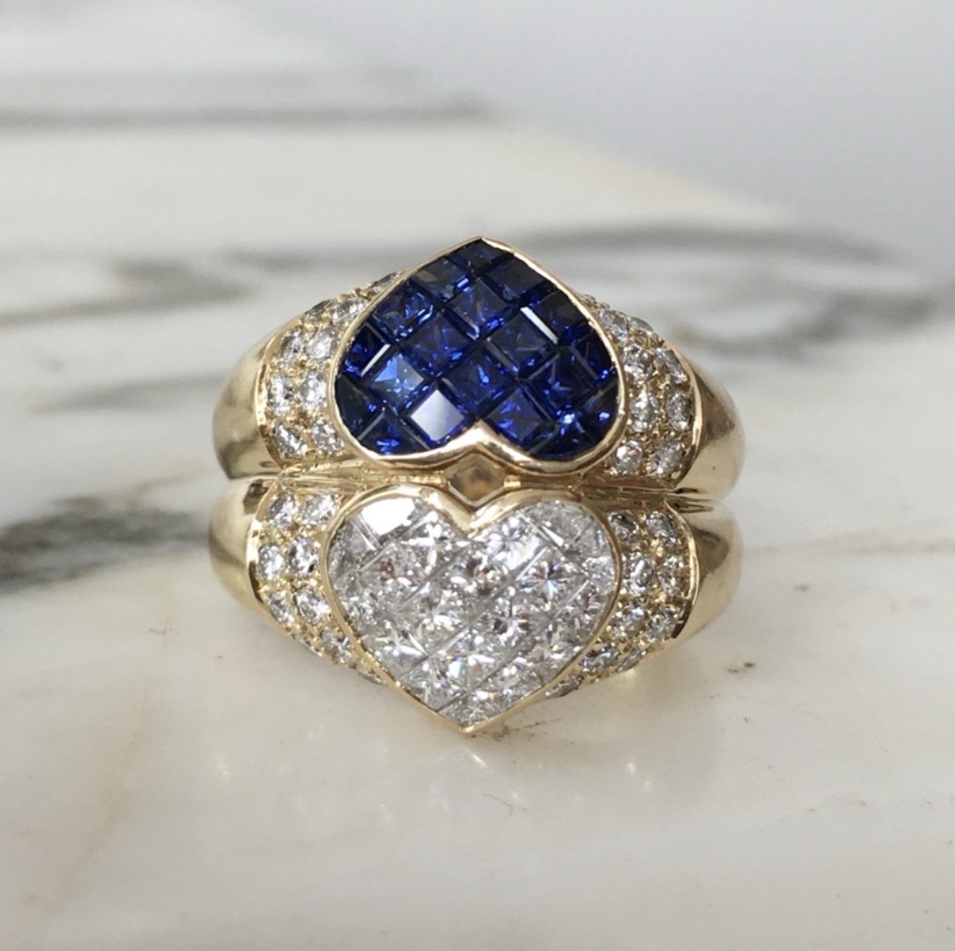 Bague Toi & Moi en or jaune 18K saphirs et diamants 