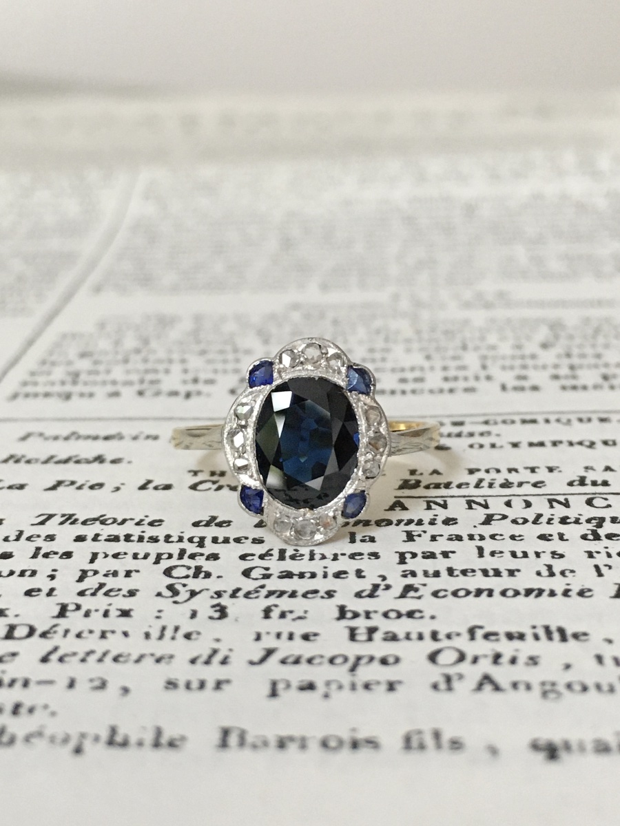 Bague Art-Déco en or jaune 18K et platine saphir et diamants -photo-2