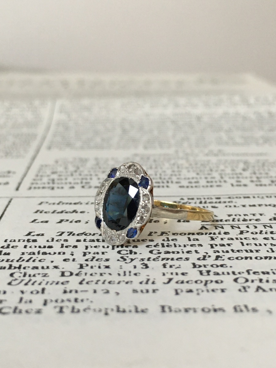 Bague Art-Déco en or jaune 18K et platine saphir et diamants -photo-4