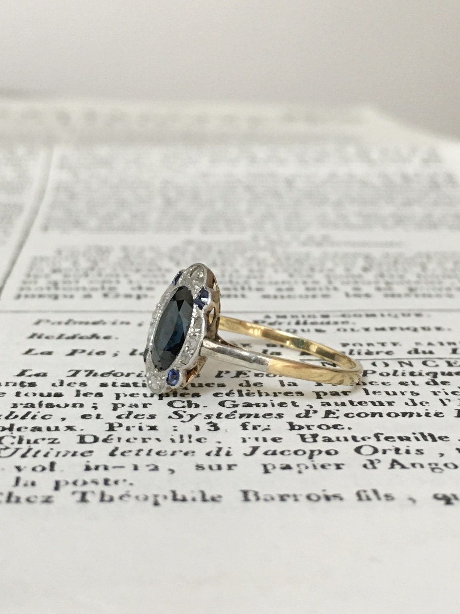 Bague Art-Déco en or jaune 18K et platine saphir et diamants -photo-2