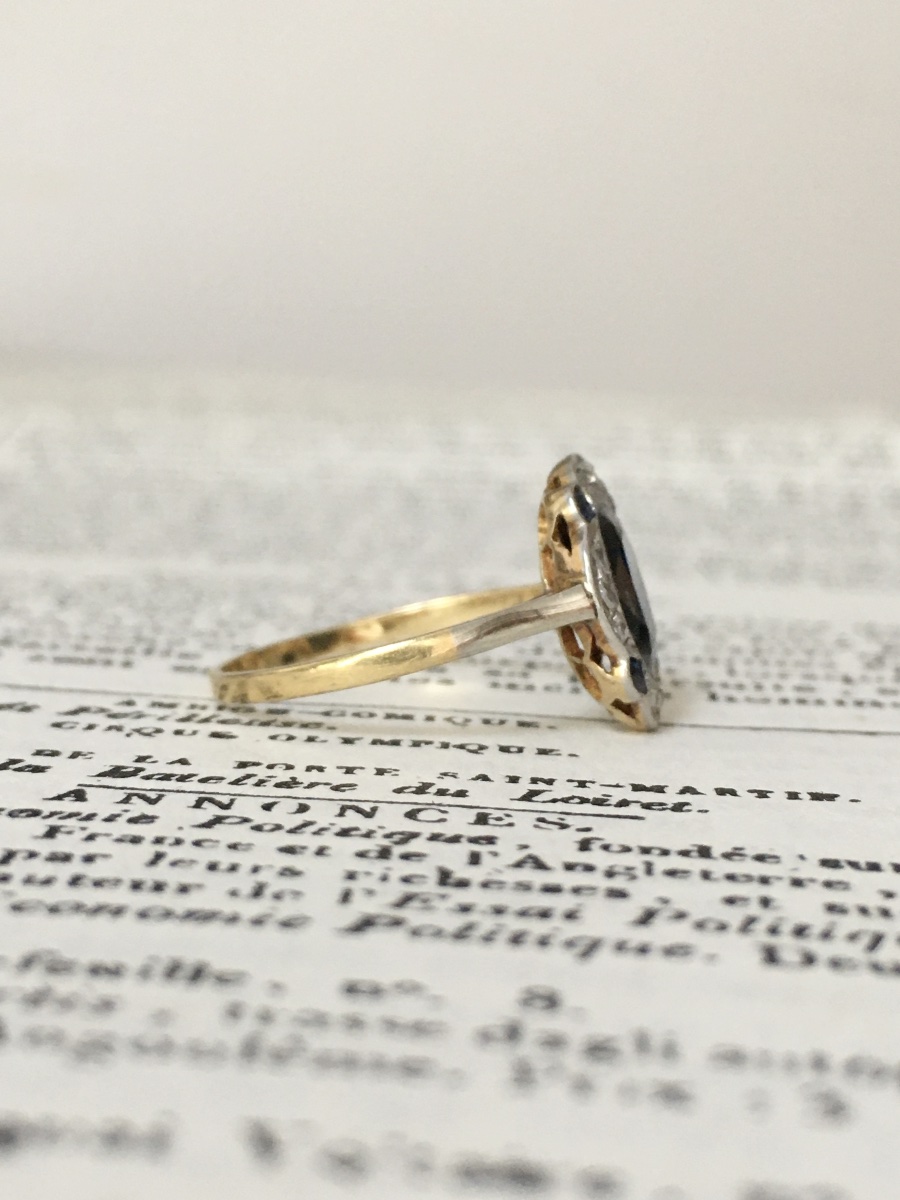 Bague Art-Déco en or jaune 18K et platine saphir et diamants -photo-3