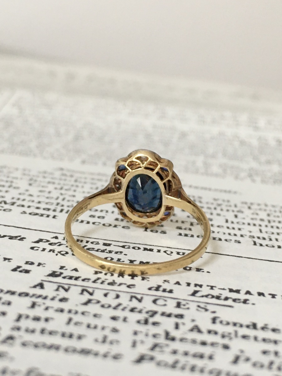 Bague Art-Déco en or jaune 18K et platine saphir et diamants -photo-4