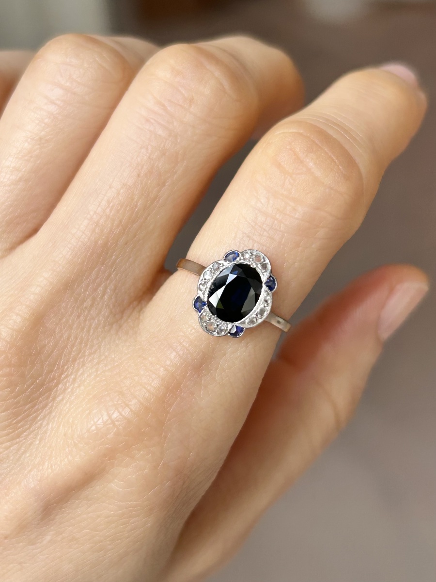 Bague Art-Déco en or jaune 18K et platine saphir et diamants -photo-5