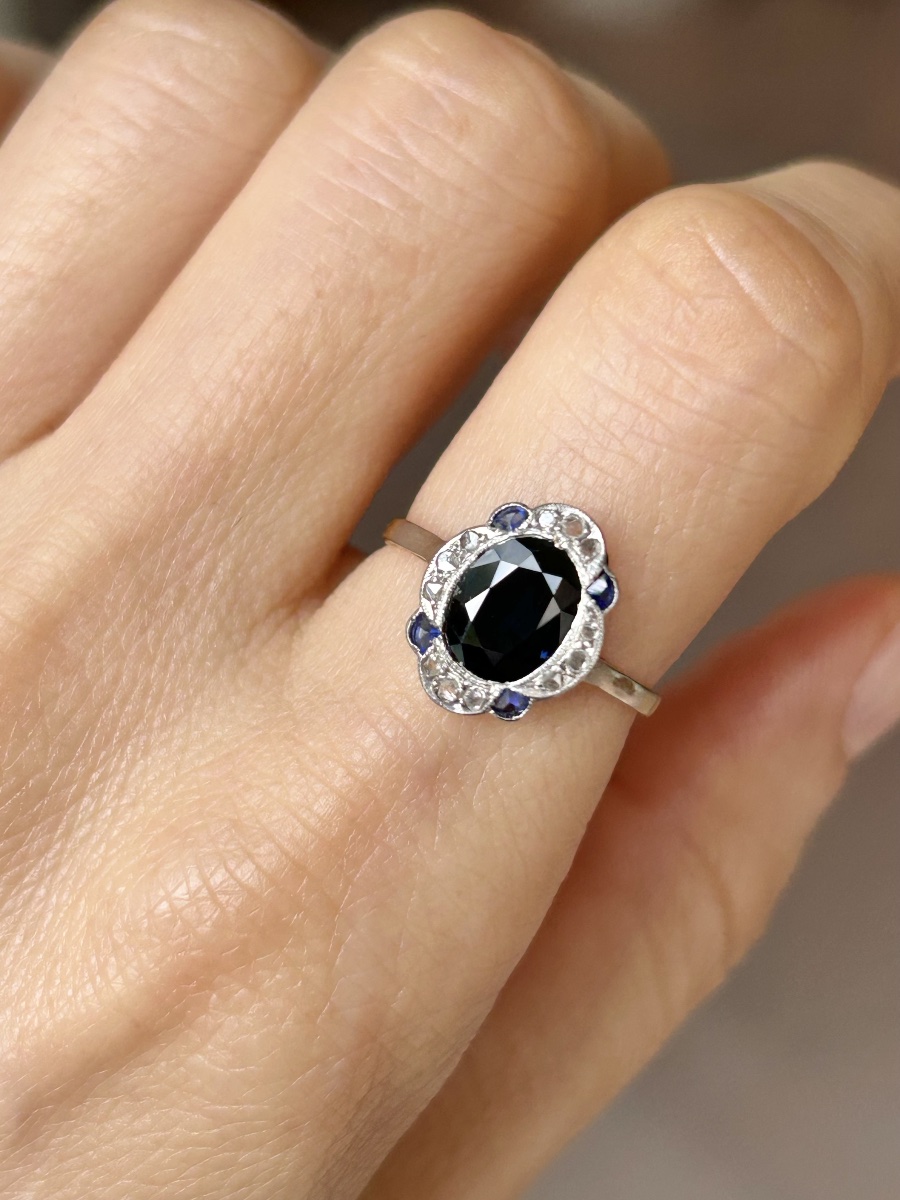Bague Art-Déco en or jaune 18K et platine saphir et diamants -photo-6