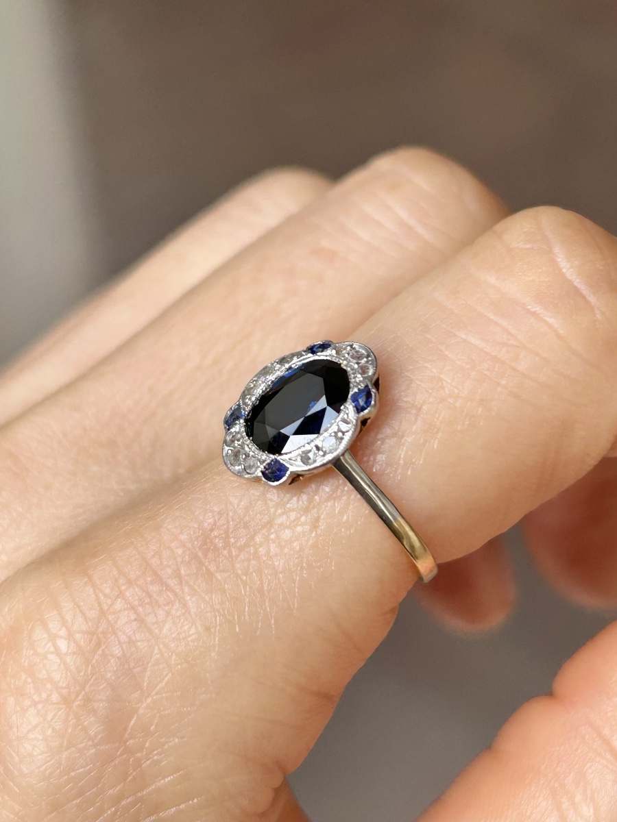 Bague Art-Déco en or jaune 18K et platine saphir et diamants -photo-7