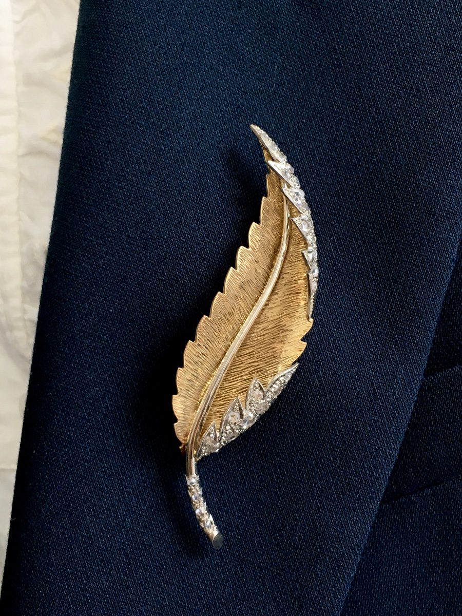 Broche plume en or jaune et blanc 18K et diamants -photo-7