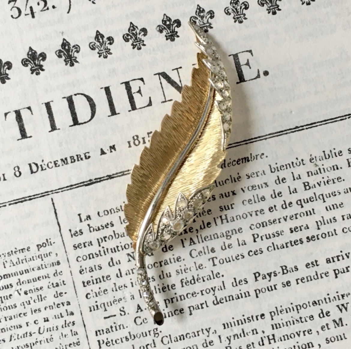 Broche plume en or jaune et blanc 18K et diamants 