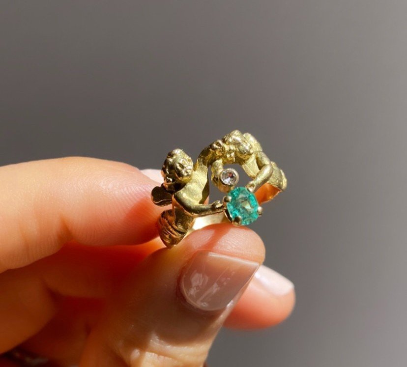 Rare Antique Mermaid Ring In Gold, Emerald And Diamond-photo-3
