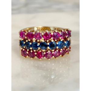 Lot Of Three Half Wedding Rings In 18k Yellow Gold Sapphires And Rubies 